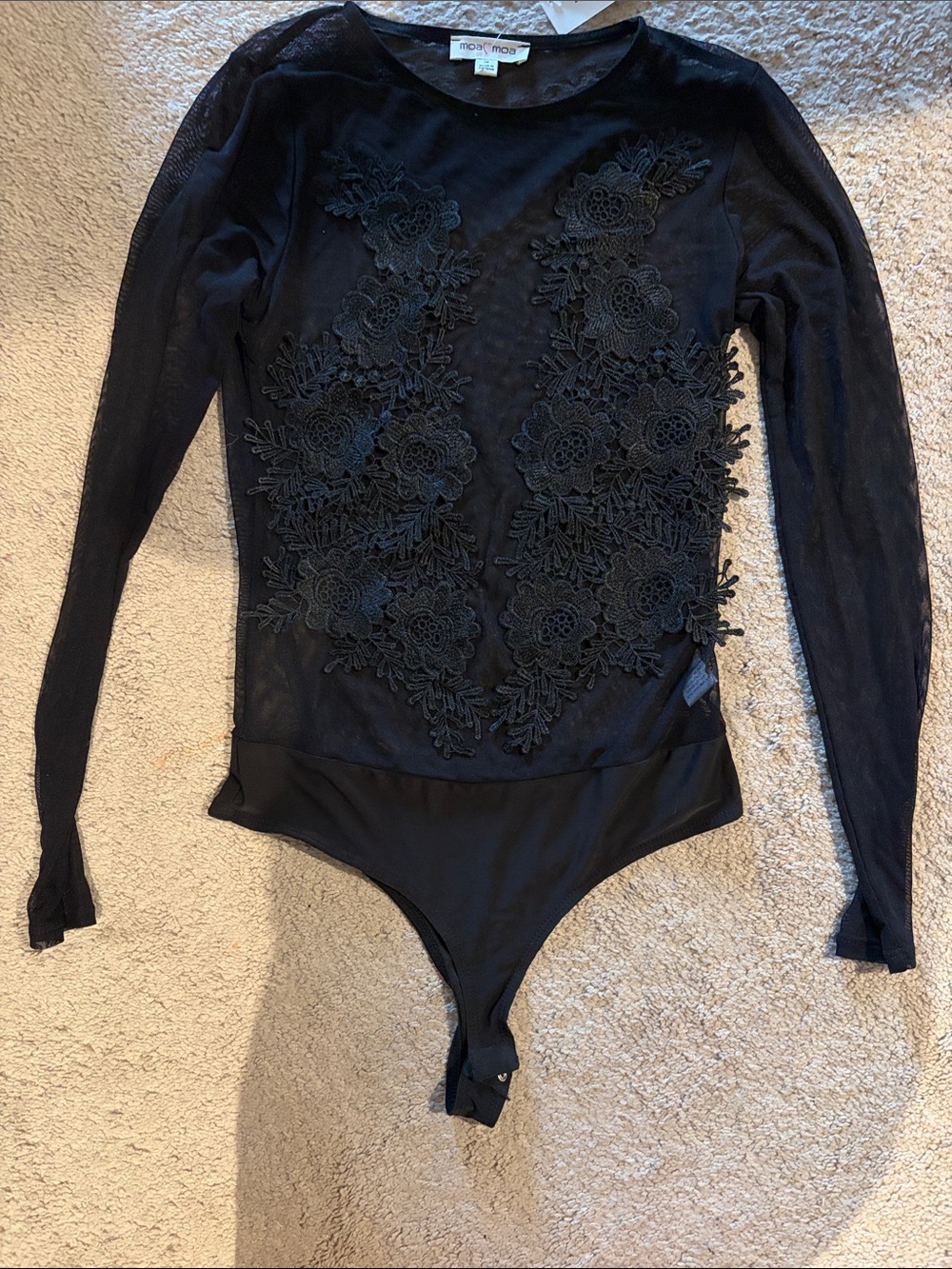 Moa Moa Black Lace Appliqué Long-Sleeve Bodysuit